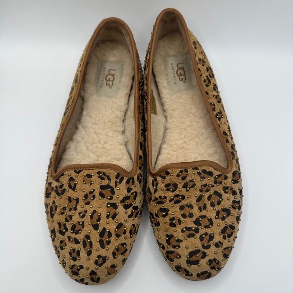 UGG Shoes - UGG Women's Leopard Print Tan Suede Slip-On Flats with Shearling